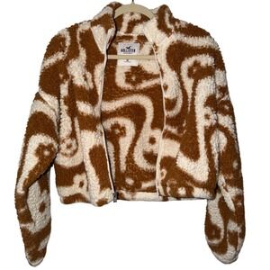 Hollister Brown Cream Swirl Print Fuzzy Sherpa‎ Cropped Jacket XS
